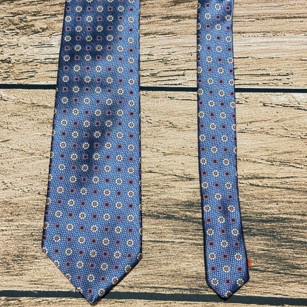 Russo Uomo Necktie Blue Geometric Floral Silk Hand Made in England Capri Tie